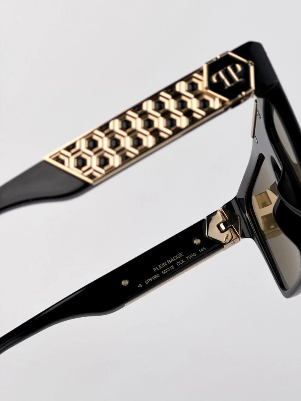 Philipp Plein Unisex Sunglasses Black Gold Mirror Square Frames SPP080 700G NEW